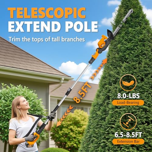 Alloyman 20V 2-in-1 Cordless Pole & Handheld Hedge Trimmer,Electric Hedge Trimmer with 2 Packs 4.0Ah Battery & Charger,8.5-Feet Reach, 11 Rotating Head Hedge Trimmers for Shrub Pruning - color: Orange