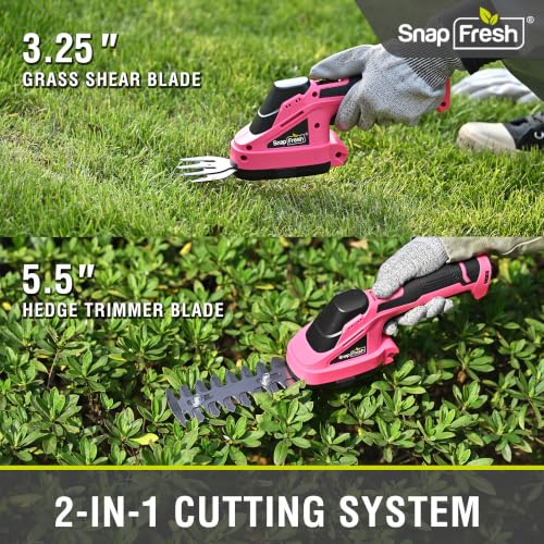 SnapFresh Cordless Hedge Trimmer & Grass Shears, 7.2V 2-in-1 Handheld Electric Bush Trimmer, Lightweight & Low-Noise, Rechargeable Lithium-Ion Battery with Type-C Cable Included (Pink) - color: Pink