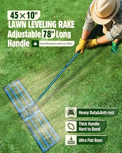 Lawn Leveling Rake,Stainless Steel Lawn Leveler with 45”x10” Ground Plate, 78” Adjustable Long Handle, Heavy Duty Large Level Yard Tool for Grass, Golf Field, Level Soil or Dirt Ground Surfaces-Green - style: 48"x10" Large