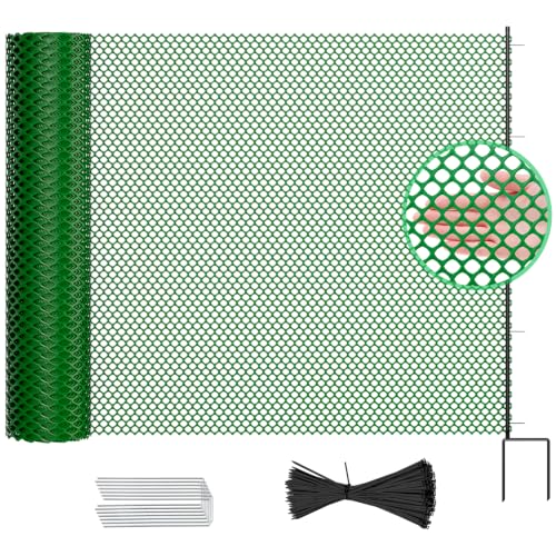 Plastic Chicken Wire Mesh Fence with Metal Stakes, 39.4in x 82ft - color: Green Diamond Grid