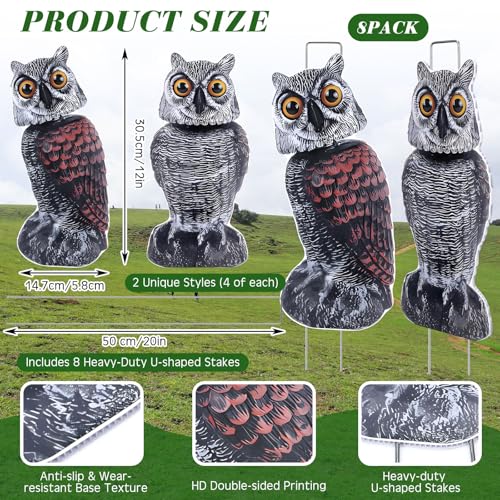 8 Pack Owl Decoys to Scare Birds Away, Fake Owls Scarecrow Yard Lawn Sign with Stakes Pest Repellent Bird Deterrents Waterproof Plastic Owls Decorations for Gardens Patio Outdoor(2 Pattern) - style: 2 Pattern