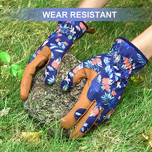 Womens Gardening Weeding Working Gloves, Leather Garden Glove for Women Thorn Proof No Stab for Digging, Planting,Pruning - color: Army Blue-large