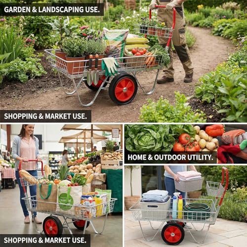 Heavy Duty Garden Cart Rolling Garden Trolley with 11 Inch Solid Tires, Steel Utility Wagon with Storage Shelf and 4 Support Legs, 330 lb Capacity Yard Cart for Patio Lawn Gardening Supplies