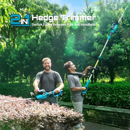 SEESII 2-in-1 Pole & Cordless Hedge Trimmer, 20" Electric Bush Trimmer 20V - color: Sky Blue