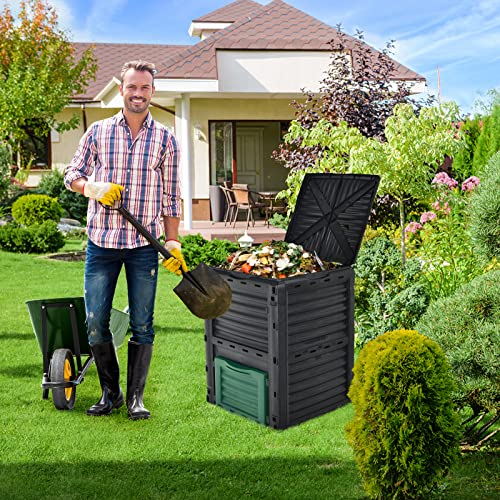 Goplus Compost Bin, 80 Gallon (300 L) Large Outdoor Composting Box w/Top Flip Latch-on Lid, Bottom Exit Door, BPA Free Material, Grass Food Trash Composter Barrel for Garden Yard, Easy Assembly - color: Green, size: 80 Gallon