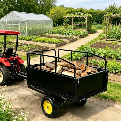 Heavy-Duty Steel Garden Dump Cart, 17 Cu. Ft. Utility Trailer,750 lb Capacity, Removable Sides, Quick-Release Foot Pedal, Universal Hitch, 16" All-Terrain Tires, Compatible with Lawn Mower, ATV