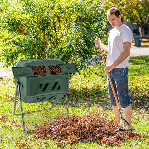 Goplus Compost Bin, Outdoor 42-Gal Dual Chamber Composting Tumbler w/2 Sliding Doors, Heavy-Duty Metal Frame, 360° Rotatable Tumbling Composter, BPA-Free Compost Tumbler for Kitchen Garden Yard Waste - color: Green
