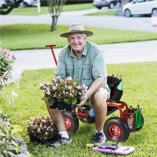 ERGOMASTER Garden Seat with Wheels, Outdoor Gardening Wagon Scooter, 2 Steering Handles, 360° Swivel Workseat & Tool Storage, Use for Patio, Yard, Lawn, Red - color: Red