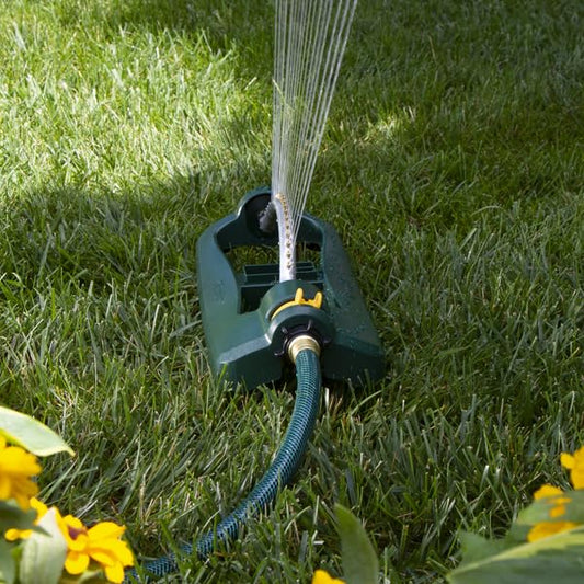 Melnor 65132AMZ Turbo Oscillating Sprinkler with Watering Gauge, Covers Up to 3,600 Sq. Ft., 18 Brass Nozzles, Adjustable Watering Range, Quick Connect Bundle, Green, Yellow - style: 3,600 sq. ft.