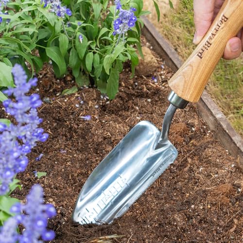 Berry&Bird Potting Trowel, Stainless Steel Serrated Hand Shovel, Wood Handle Garden Trowel Tool with Measuring Scale for Effortless Digging,Roots,Planting, Cutting and Transplanting - color: Potting Trowel