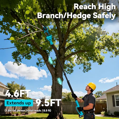 2-in-1 Electric Pole Saws for Tree Trimming, 6 Inch Mini Chainsaw Cordless with Extension Pole, 2 x 4000mAh Batteries,Battery Powered Pole Chain Saw, Tree Trimmer Limb Branch Cutter Pruner - color: Blue