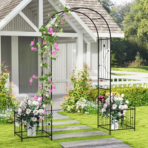 Giantex 86'' Metal Garden Arbor Arch Trellis with Planters, 8 Ground Stakes