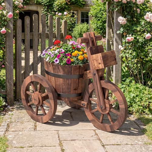 GIANTEX Wooden Wagon Planter with Wheels Set 2, Rustic Wood Plant Stand with Drainage Hole for Flowers Herbs Vegetables, Indoor Outdoor Decorative Garden Flower Cart for Patio Backyard Balcony - style: Spoked Wheel