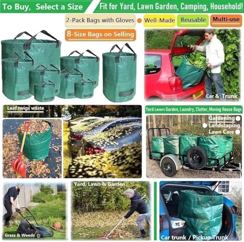 Professional 2-Pack 80 Gallon Big Lawn Garden Bags (D26,H33 inch) Yard Waste Bag with Gardening Gloves for Leaf Bag,Yard Debris,Garden Pruning,Trash Container,Lawn Grass Clippings,Weeds Bags 4 Handles