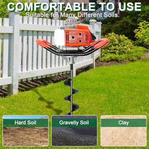 72CC Auger Post Hole Digger, 2 Stroke Gas Powered Earth Post Hole Digger with 3 Auger Drill Bits(3" & 5"& 8") + 2 Extension Rods(24"& 24") for Farm Garden Plant, Orange