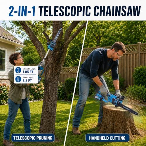12” Cordless Brushless Chainsaw, 2-in-1 Telescoping Pole Saw with Battery