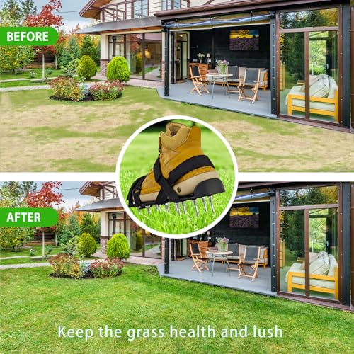 Lawn Aerator Shoes, Aerator Lawn Tool One Size Fits All for Yard Patio Lawn and Garden, Newly Upgraded X-Shaped 8-Strand Straps, Steel Spikes for Soil Aeration