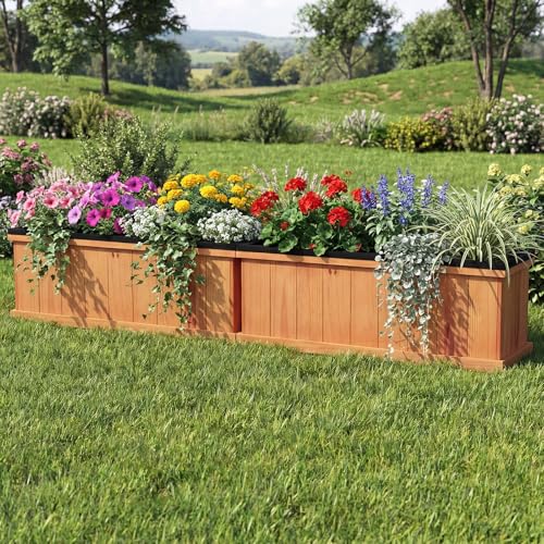 GIANTEX Outdoor Raised Garden Bed, 28” x 10” x 10” Pine Wood Planter Box with 3 Drainage Holes, Removable Bottom & Bed Liner, Rectangular Flower Container for Vegetables, Herbs, Indoor & Outdoor - color: Orange, size: 28"x10"x10"