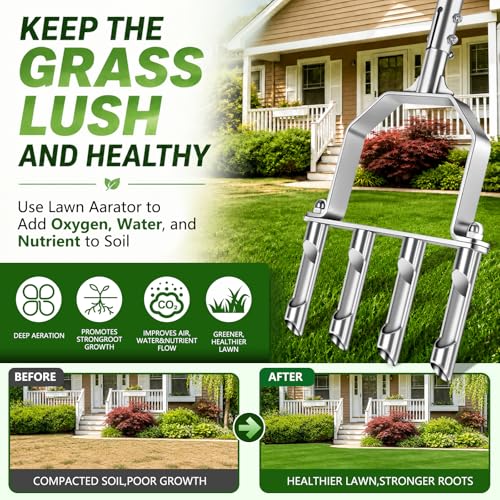 Stainless Steel Aerator Lawn Tool, Manual Core Aerator with 4 Hollow Tines