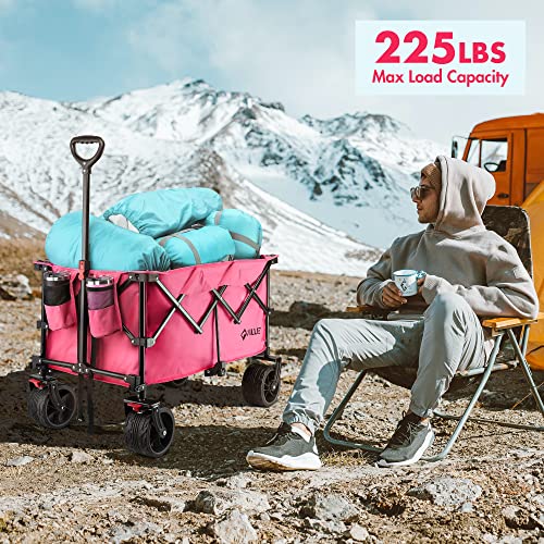 VILLEY Collapsible Folding Wagon with Big Wheels, Enlarged 225lbs Capacity, All Terrain Wagons Carts Heavy Duty Foldable, Portable Utility Garden Cart with 2 Cup Holders and Brake, Pink. - color: Pink