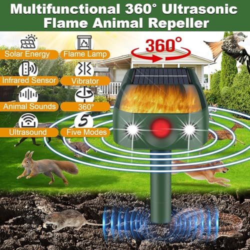 Ultrasonic Animal Repellent Outdoor,2026 Solar Animal Repeller,360°Cat Repellent Outdoor with Motion Sensor & Flame Light,Waterproof Deer Repellent Devices for Repelling Deer,Rabbit,Raccoon,Squirrels