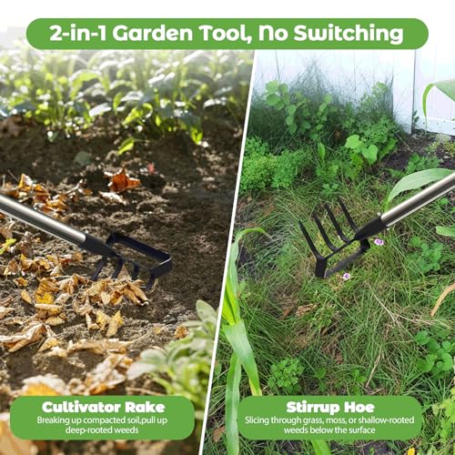 Garden Hoe,2 in 1 Heavy Duty Stirrup Hoe and Cultivator Gardening Tool with 75” Adjustable Long Handle,Lightweight Weeding Rake for Fast Weeds Grass Removal,Cultivating,Loosen Soil, Sharp Blade - size: 76"
