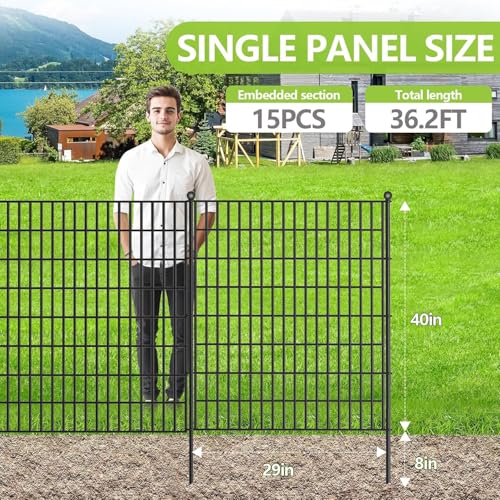 15 Panels No Dig Garden Fence with Gate, 40 in(H) X 36.3 ft(L) Metal Fence Panels, Thickened Rustproof Garden Fencing, Animal Barrier Fence for for Dogs, Rabbits, Landscape, Patio - size: 40 in(H)×29in(L)