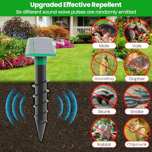 Mole Repellent Screw Solar Powered Gopher Deterrent Stake for Outdoor Lawns with Electic Vibration, Repels Snake Vole Groundhog Armadillo from Yard and Garden (4 Pack)