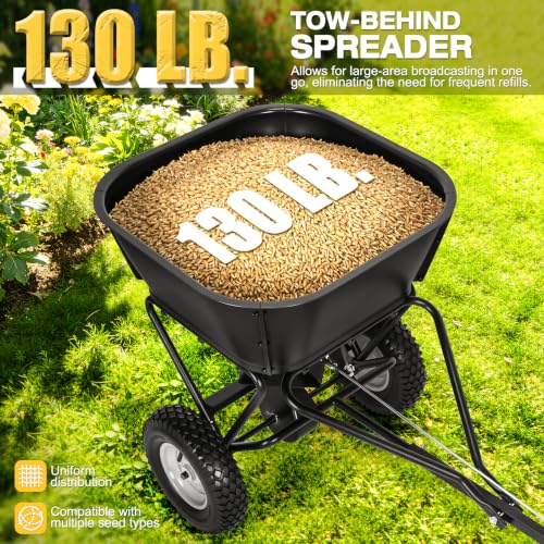 AugFir Tow Behind Broadcast Spreader, 130 LBS Capacity Lawn Fertilizer Spreader for Riding Mower, ATV, UTV & Tractor, 12 FT Spread Width Pull Behind Spreader Seeder for Grass Seed, Salt, Ice Melt