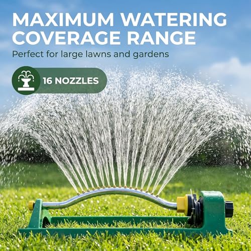 Oscillating Lawn Sprinkler with 16 Nozzles, Heavy Base, Adjustable Range, Quick Connect, for Large Lawns and Gardens