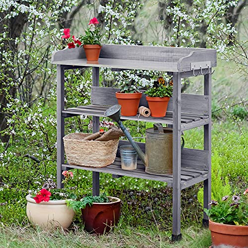 Topeakmart Potting Bench, Metal Top Garden Table for Outdoors,Gray - color: Gray