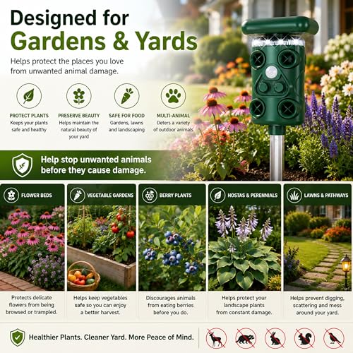 Solar Ultrasonic Deer Repellent Device – Animal & Raccoon Repellent Outdoor with Motion Sensor Flashing LED, IP54 Waterproof Wildlife Deterrent, 13.5–45.5KHz Dual Chip Pest Repeller 1PK