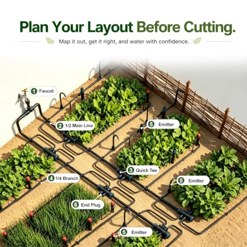 110FT Drip Irrigation System, Garden Watering Kit with 17FT 1/2 in Main Tube, 93FT 1/4 in Tube, 21 Adjustable Emitters, Misters and Sprayers for Raised Beds Greenhouse, Size: 110FT - size: 110FT