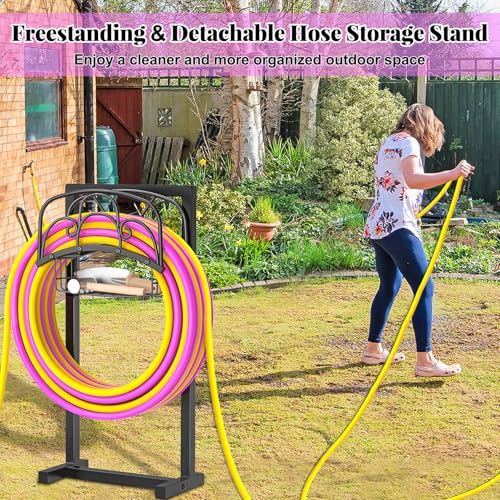 Garden Hose holder, 4-Spike Heavy Metal with Storage Basket, Arch - style: curved line with Storage Basket