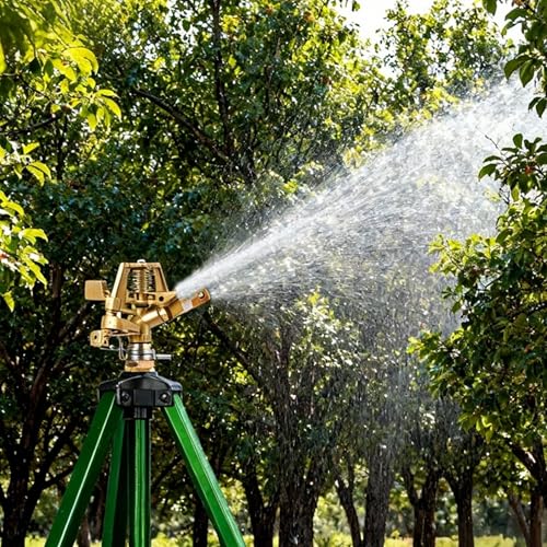 2 Pack Impact Sprinkler on Tripod Base, 360° Adjustable Brass Sprinkler Head with Stakes, Heavy Duty Metal Tripod Lawn Sprinkler for Large Area Lawn, Yard & Garden Irrigation