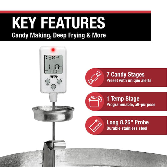CDN Digital Thermometer Long 8'' Stainless Steel Stem, Adjustable Pot Clip, Preset Candy Stages with Audio/Visual Alerts, Instant Read For Cooking, Deep Frying & Oil - DTC450 - style: Digital Candy Thermometer