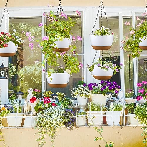 Remerry 6 Pcs 11.2 Inch Hanging Planters Hanging Plant Basket for Indoor Outdoor Plants Set Plastic Hanging Flower Pot with Drainage Holes and Removable Trays for Home Garden (White) - color: White