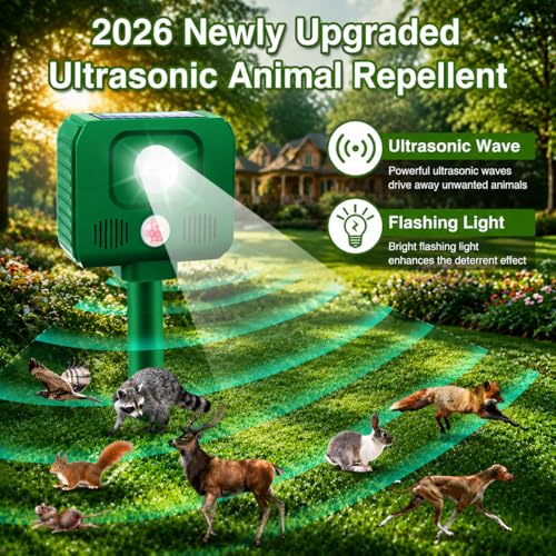 2 Pack Solar Ultrasonic Animal Repellent,Cat Repellent Outdoor Frequency Adjustable Rabbit Squirrel Deer Repellent Devices Raccoon Fox Skunk with Motion Detection & LED Light for Yard Farm Garden