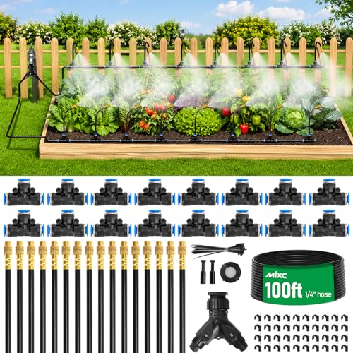 MIXC 1/4" 100Ft Drip Irrigation System for Garden with 16pcs 360°Adjustable Brass Nozzles & Bendable Rod,Upgraded Watering System Kit for Outdoor Plants,Lawn,Raised Bed,Potted Plant,Yard,Greenhouse - size: 100ft