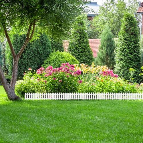 PLULON 6 Pieces Garden Fence with 6 Pieces Fence Insert White Plastic Garden Picket Edgings Lawn Flowerbeds Plant Borders Decorative Garden Yard