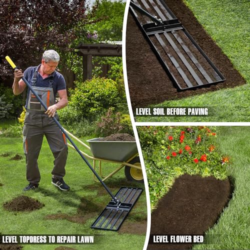 Jardineer 45 Inch Heavy Duty Lawn Leveling Rake, 72 Inch Long Handle Yard Leveler for Grass Soil, Ground Dirt Leveler Tool for Lawn, Garden, Golf Course Maintenance - style: 45inch Lawn Leveling Rake with 72 Inches Long Handle