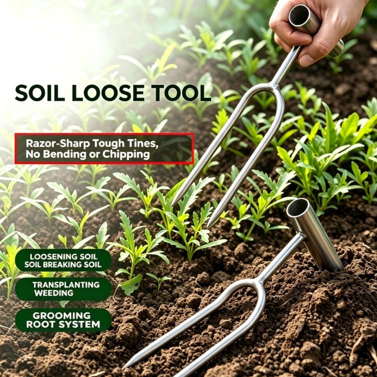 Two-Tine Garden Cultivator for Digging, Aerating Soil, Weeding & Transplanting, Heavy Duty Stainless Steel Loosening Tool with Handle Pipe