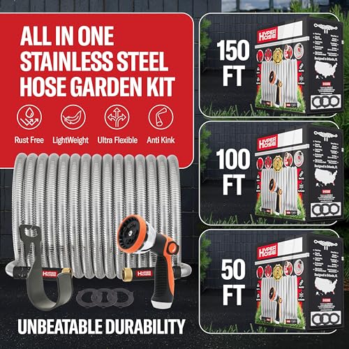 Best 150 ft Metal Garden Hose Set - No-Kink Durable 316 Stainless Steel, 10-Way Zync Spray Nozzle & Hook – Tough Flexible Heavy Duty Water Hoses, 5/8 in, Rust, Weather, LeakProof - size: 150 FT SET