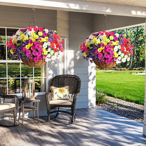 Artificial Faux Hanging Plants Flowers for Outdoors Baskets Fall Outside Decor, Fake Silk Morning Glory in Planter Look Real UV Resistant Outdoor Flowers for Porch Patio Balcony Garden Yard Home - color: B 6 Mixed