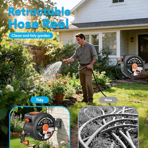 100FT Retractable Garden Hose Reel - 1/2 Inch, Slow Return System with Any Length Lock, 10-Pattern Nozzle, 180° Swivel Bracket, Wall Mounted