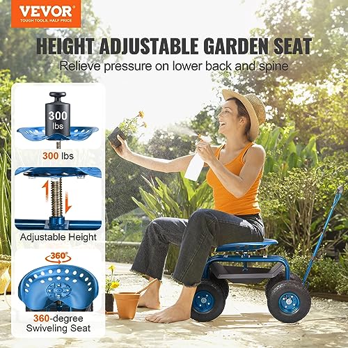 VEVOR Garden Cart Rolling Workseat with Wheels, Gardening Stool for Planting, 360 Degree Swivel Seat, Wagon Scooter with Steering Handle & Utility Tool Tray, Use for Patio, Yard, and Outdoors, Blue - color: Blue