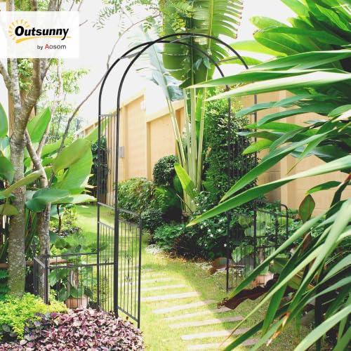 Outsunny 86" Garden Arbor Arch Gate with Trellis Sides for Climbing Plants, Wedding Ceremony Decorations, Grape Vines with Locking Doors, Planter Baskets, Flourishes & Arrow Tips, Black