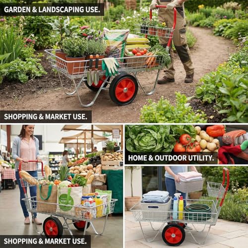 Heavy Duty Garden Cart with Wheels, Steel Utility Wagon for Yard Lawn Patio, 330 lb Capacity Garden Trolley with 11" Rubber Tires for Hauling Plants Soil Tools, Silver