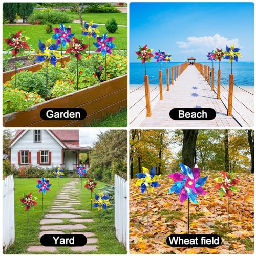 10 Pack Garden Pinwheels with Plastic Stakes | 20 inch Sparkle Pin Wheel Set to Scare Off Birds and Animals Away | Great Pinwheels for Yard and Garden