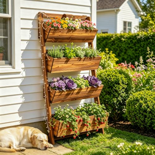 4ft 4-Tier Lighted Wall-Leaning Wooden Vertical Garden Planter - color: 51"h-4-tier Raised Garden Bed